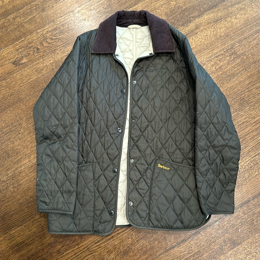 Olive Barbour chore jacket with corduroy collar.